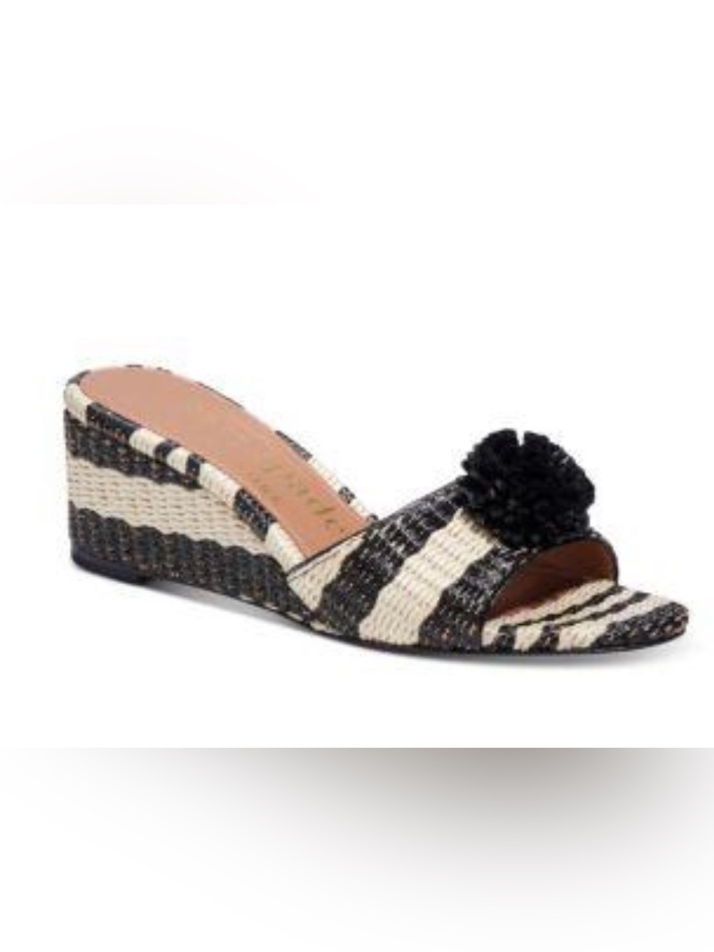 NWT KATE SPADE NEW YORK SEVILLE Straw Slip-On Wedge Sandal, Pom Accent, Black, 8